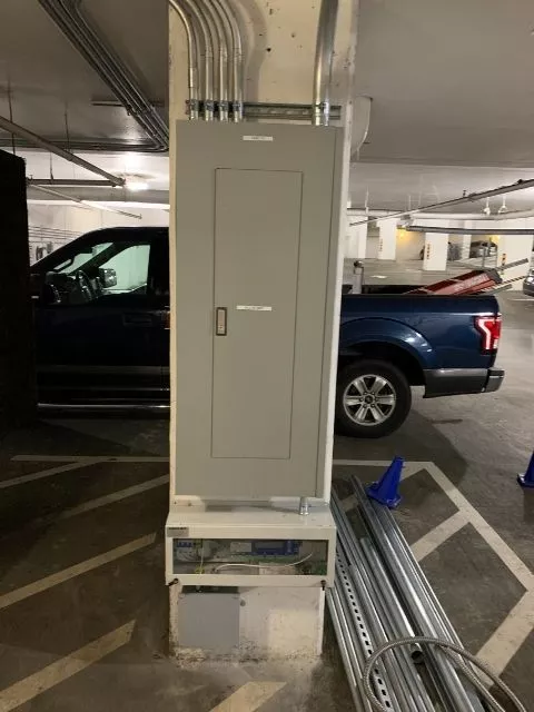 Parking garage lighting box install by an commercial electrician.