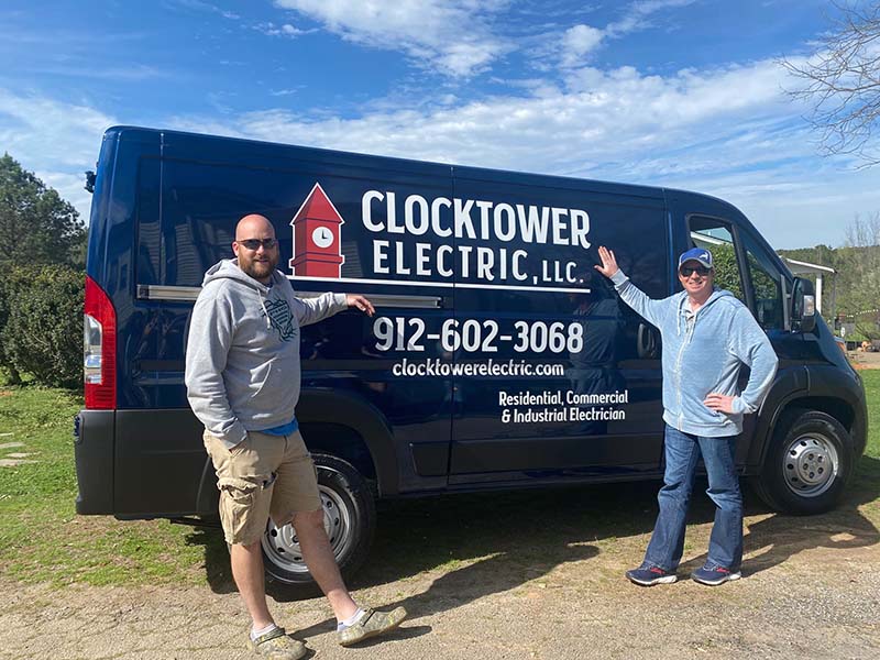 Clocktower Electric's work truck parked on a job.