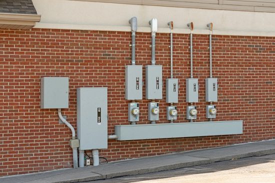 Commercial electrical boxes behind a Georgia business.